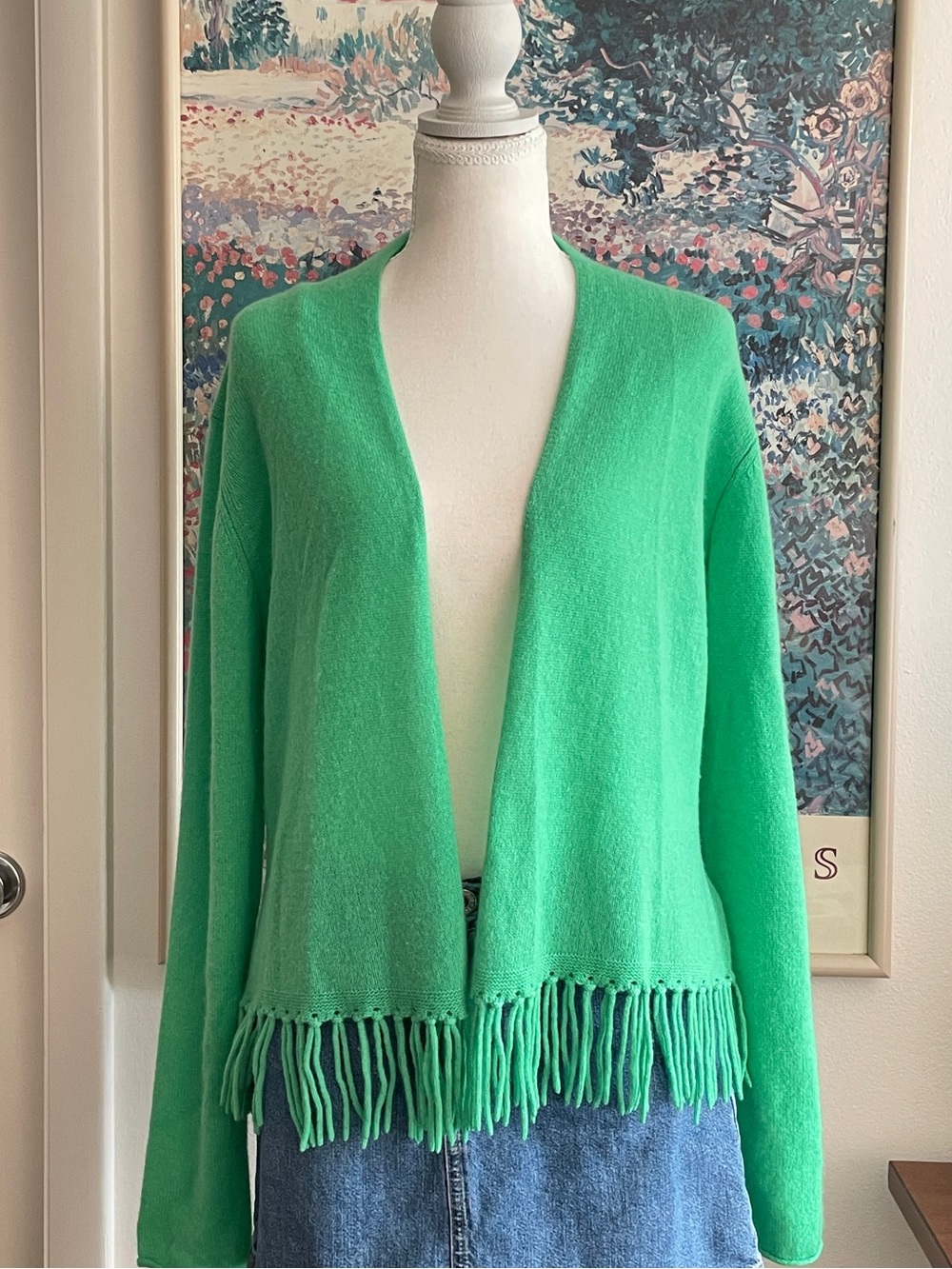 Alashan 100% Cashmere Cardigan Medium Mint Green Fringe Open Front Boho Preppy
